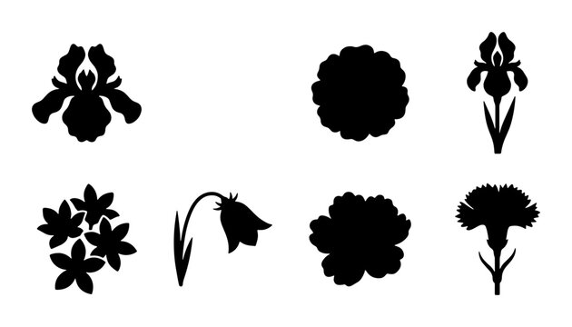 Black flower silhouettes collection, set of 7 botanical floral icons, minimalist garden plant shapes, vector iris and carnation outlines