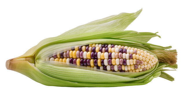 Half-peeled multicolored corn cob with green husks and silk