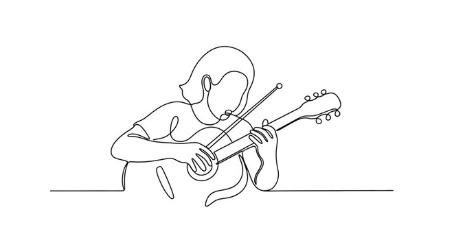 Minimalist line art of a child playing acoustic guitar, artistic, creative, music, hobby, single line drawing