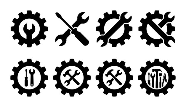 Industrial gear and tool icon set, black mechanical cogwheel with wrench and screwdriver symbols, 8 repair service vector elements for maintenance