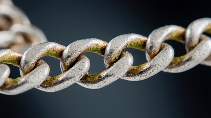 Obraz premium Close-up view of a silver metal chain with intricate links showing wear and patina against a dark background highlighting its texture and details