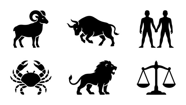 Zodiac sign icons set, black astrological horoscope symbols, celestial constellation silhouettes of Aries Taurus Gemini Cancer Leo and Libra