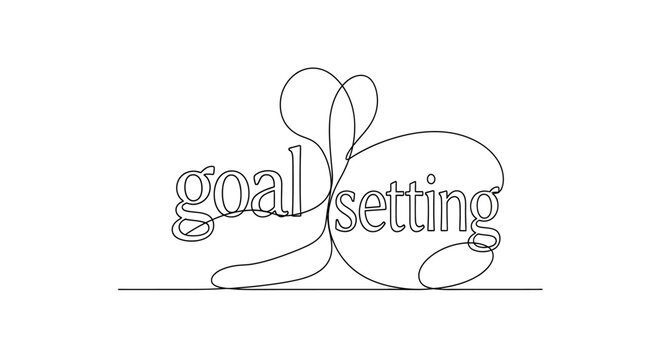 Continuous line drawing of "goal setting" text with abstract shapes, symbolizing planning and achievement.
