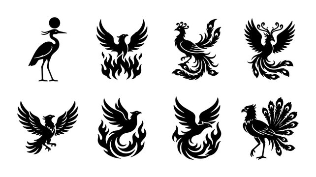 Mythical phoenix bird silhouettes set, black fire bird icons collection, 8 vector eagle and peacock emblems, ancient legendary creature symbols