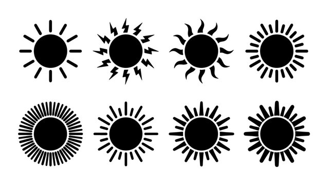 Minimalist sun icon set, 8 black solar symbols with diverse ray designs, flat vector sunburst collection for weather apps and summer branding