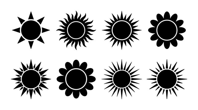 Minimalist sun icon set, black silhouette sunburst collection, 8 vector sun symbols for weather and summer design, flat solar rays graphic elements