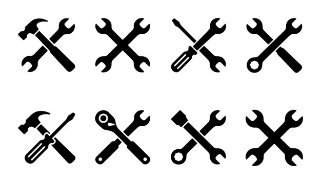 Industrial repair tool icons, crossed wrench and hammer silhouettes, 8 black hardware vector elements for construction and maintenance service logos