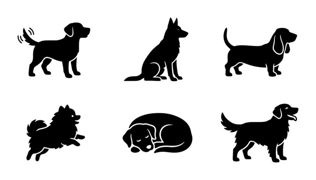 Black dog silhouettes set, 6 canine breed vector icons, minimalist pet animal graphics for veterinary and grooming logos