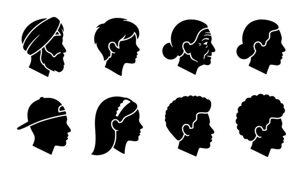 Diverse people profile icons set, human head silhouette collection of 8 avatars, multicultural male and female faces in side view vector