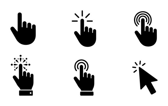 Minimalist cursor hand icons set, black clicker pointer symbols for web navigation, touch screen gesture vector collection for digital interfaces
