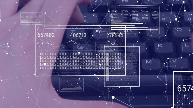 UI panels and node network fading in, hands typing and updating HUD numbers, visualizing data