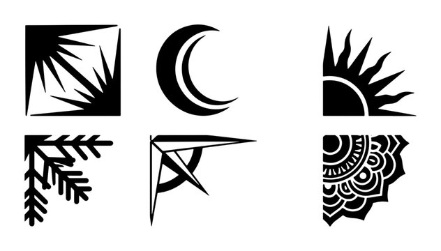 Celestial decorative corner borders set, black sun and moon vector icons, 6 mystical frame elements for invitation and stationery design