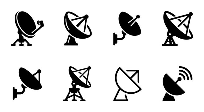 Satellite dish icon set, black parabolic antenna vector collection, telecommunication signal receiver symbols, 8 wireless broadcast equipment icons