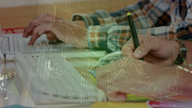 Colleagues typing, activating data overlay merging into hands, sketching with stylus for design