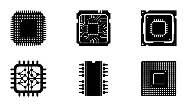 Computer processor microchip icon set, black silhouette semiconductor CPU and GPU hardware vectors, 6 electronic circuit component symbols