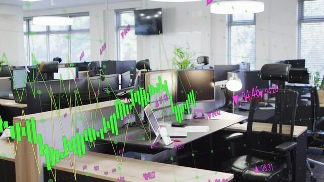 Green candlestick chart appearing from left, sweeping desk, dipping then rising to show market data