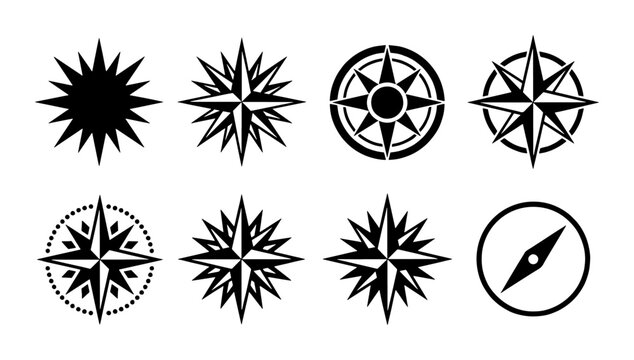 Vintage nautical compass rose icons, set of 8 black wind rose vector symbols, antique maritime navigation signs for maps and travel design