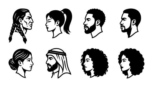 Diverse people profile portraits vector set, multicultural human faces in side view, black and white ethnic diversity avatars for community design