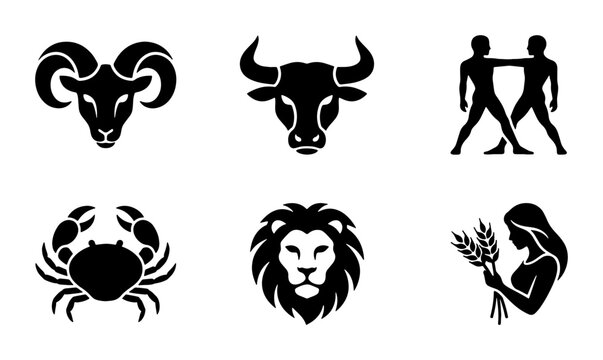 Zodiac signs vector icons set, black astrological horoscope symbols including Aries, Taurus, Gemini, Cancer, Leo, and Virgo, celestial astrology graphics