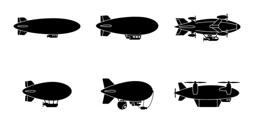Vintage blimp silhouette set, retro zeppelin airship icons, collection of 6 black dirigible vector illustrations for aviation and travel design © Nurul