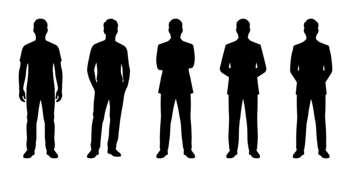 Black silhouette set of men in casual and formal business attire, male figure collection in various standing poses, professional person vector icons