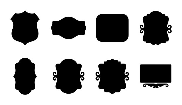Vintage black frame silhouettes set, 8 decorative border vector elements, elegant ornate label shapes for wedding invitations and product branding