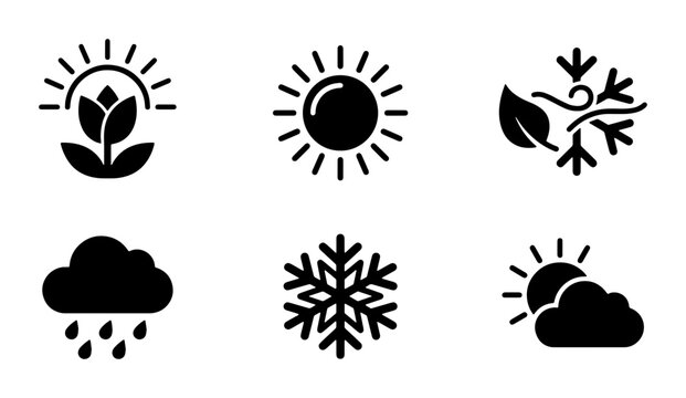 Minimalist weather icons set, black seasonal symbols for spring summer autumn and winter, flat vector climate forecast graphics for mobile apps