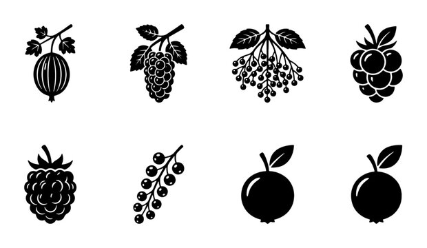Vintage berry icon set, black silhouette fruit illustrations, collection of 8 organic garden berries including raspberry and gooseberry vector graphics