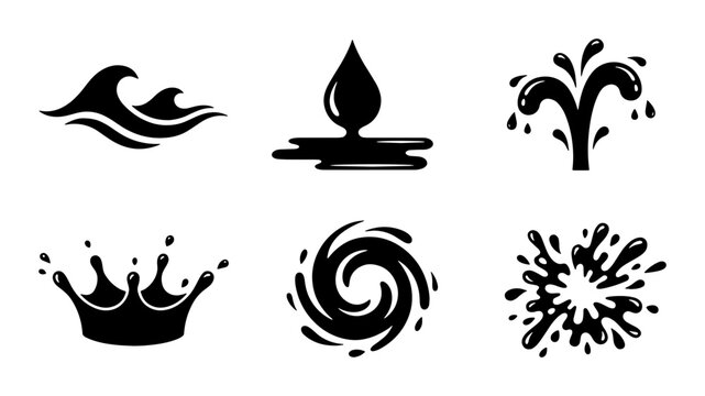 Minimalist black water splash icons, set of 6 liquid drop and wave symbols, clean fluid motion vector elements for logo design and web interface