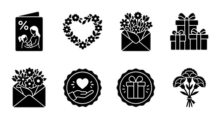 Mother's Day icon set, 8 black solid glyph icons for spring holiday, floral bouquets and gift boxes vector collection, celebration greeting card symbols © Farzana