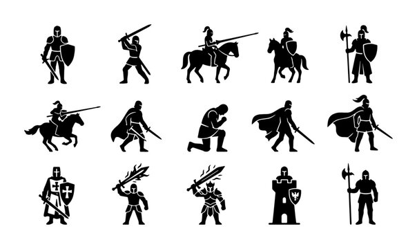 Medieval knight silhouettes set, 15 black warrior icons with swords and shields, armored crusader and cavalry soldier vector collection for gaming