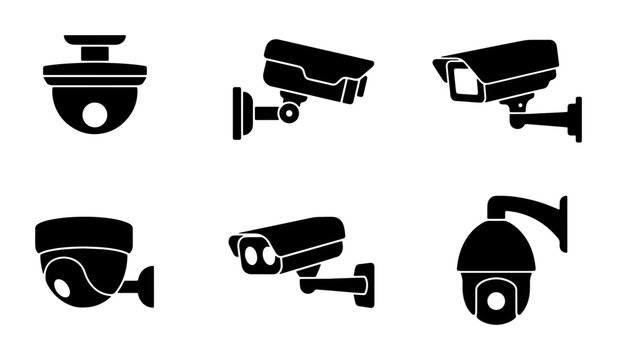 Security camera icon set, black CCTV surveillance vector silhouettes, 6 monitoring system elements for safety and protection design