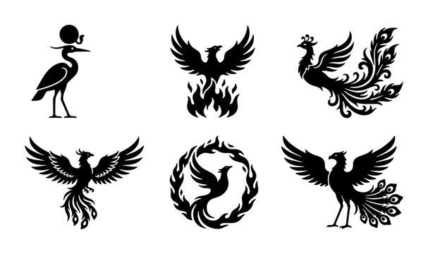 Mythical phoenix bird silhouettes set, 6 black firebird vector icons, ancient Egyptian and Greek mythology creature symbols for logo design