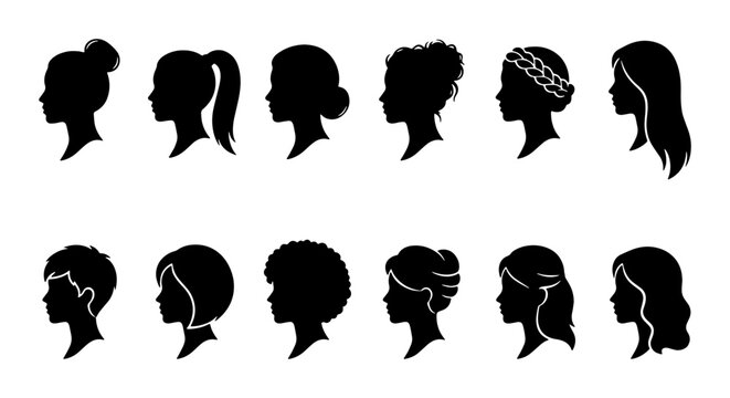 Woman profile silhouette set, female head side view icons with diverse hairstyles, black girl face outlines, 12 vector hair style elements