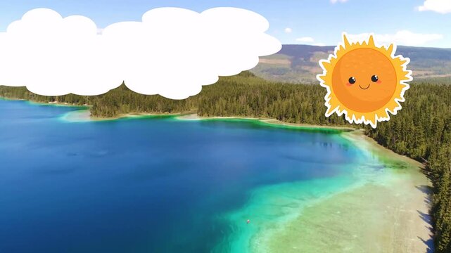 Animated sun-cloud drifting across sky while drone tracking lake shore, showing travel weather
