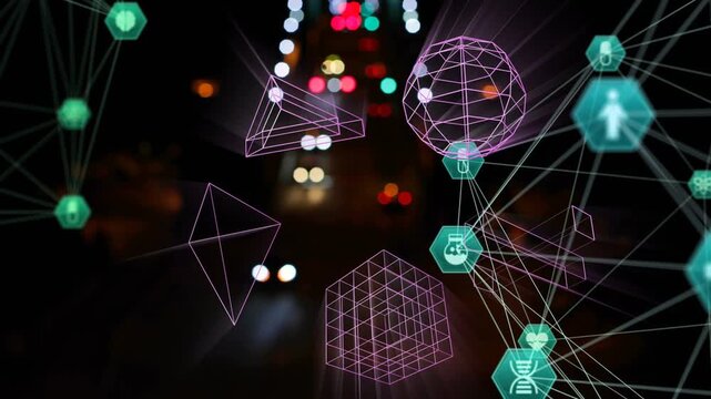 As passing lights moving down, purple forms and teal net entering, pulsing, showing health data
