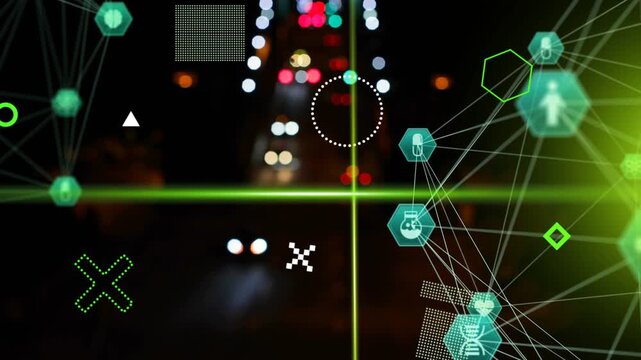 Turquoise node network pulsing over vertical bokeh lights with neon-green scan line, copy space