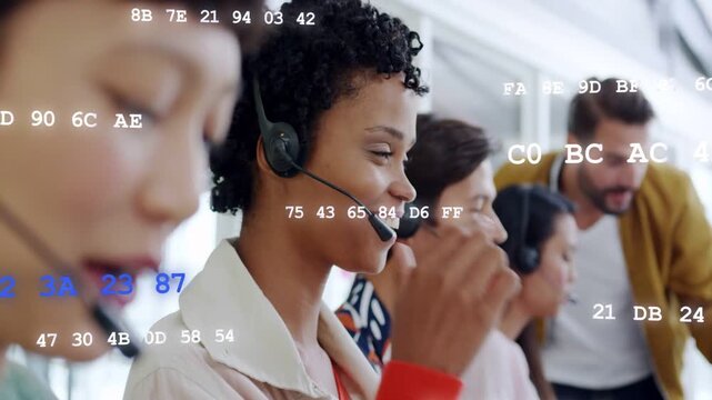 Call center agent fixing headset speaking helping users as lead leaning in, code overlay animating