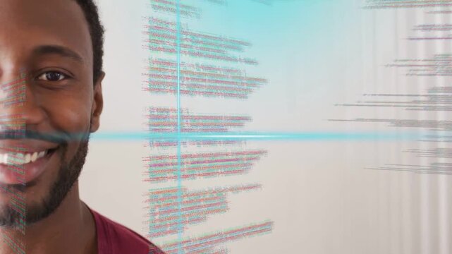Cyan scanline sweeping man facing camera, code columns glitching across man, showing tech data
