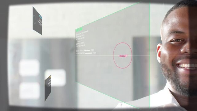 System activating HUD, tech panels sliding in, marking TARGET for data review, man smiling