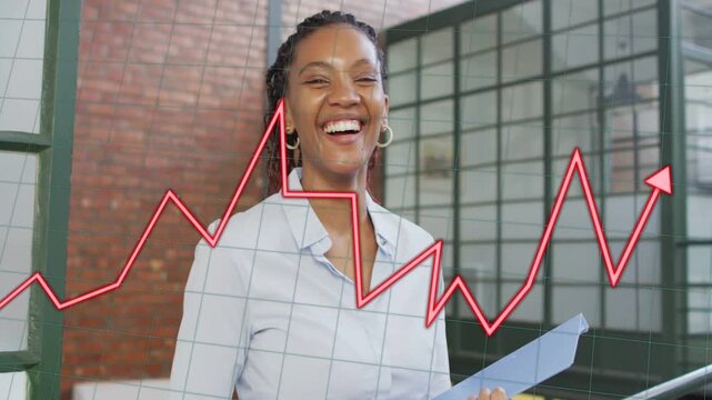 Woman holding folder as red chart entering left, crossing shoulder on grid, showing business growth