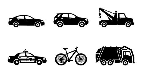 Transportation vehicle icon set, black silhouette car and truck symbols, collection of 6 urban transport vector elements for city traffic infographics © Farzana