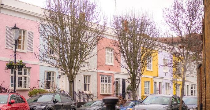 LONDON -  Colourful pastel terraced houses on Nevern Square in Earl's Court SW5