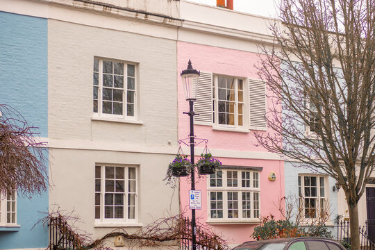 LONDON -  Colourful pastel terraced houses on Nevern Square in Earl's Court SW5