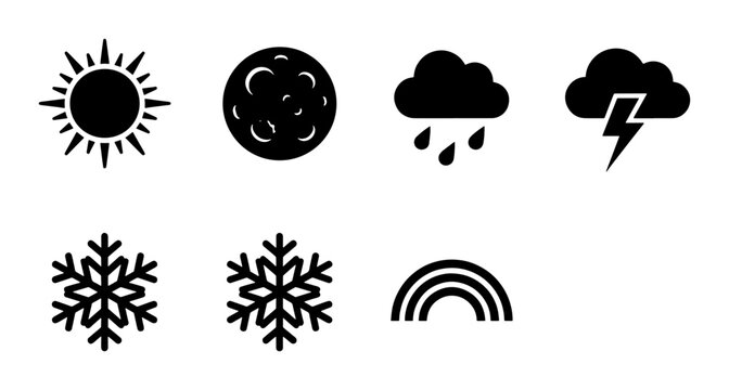Minimalist weather icon set with 7 black vector symbols, meteorology forecast elements including sun moon and clouds, simple flat climate graphics