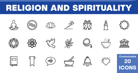 Fototapeta premium Religion and Spirituality vector icon set, 20 customizable outline symbols for faith, meditation, and spiritual practices, diverse religious concepts for web and print.