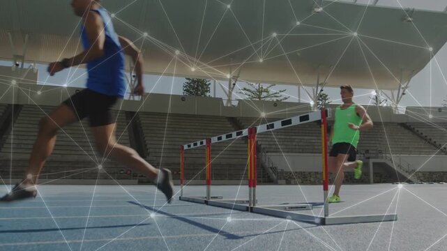 Leader then chaser runners entering right, sprinting over hurdles for training, overlay tracking