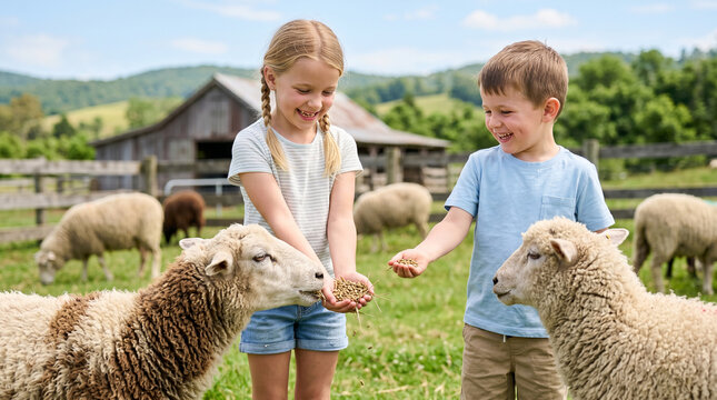 Cute kids feeding sheeps in a farm on a sunny day