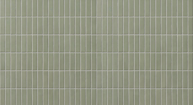 A seamless wall of vertical sage green tiles with white grout lines arranged in a modern stack bond pattern for interior design.