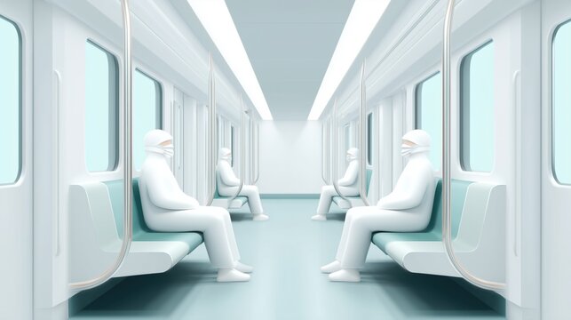 Futuristic subway interior with passengers wearing white protective safety suits during a health epidemic.